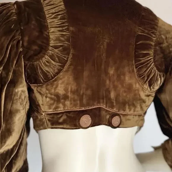 Vintage 1910's VICTORIAN EDWARDIAN Cocoa Brown VELVET FLORAL PUFF Sleeve Jacket - Picture 5 of 8